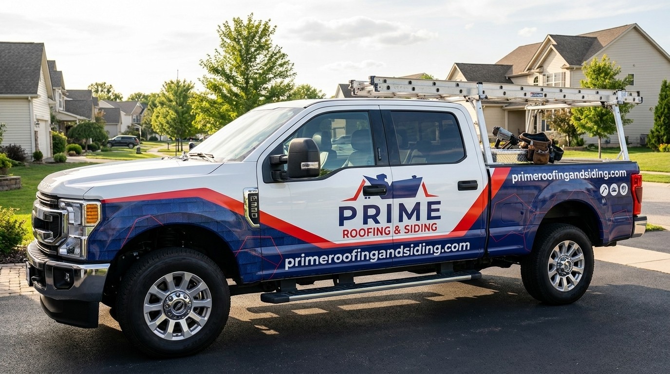Prime Roofing & Siding branded service van